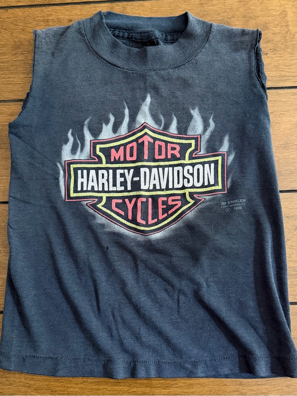 Vintage 1990 Harley-Davidson Toddler Black Tank with Red and Yellow Logo Trim.
